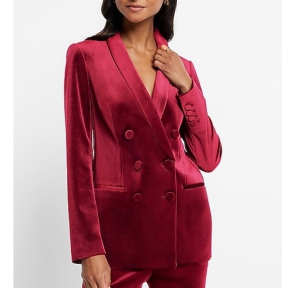 Express Womens Velvet Double-Breasted Blazer Jacket - Burgundy - Picture 10 of 10